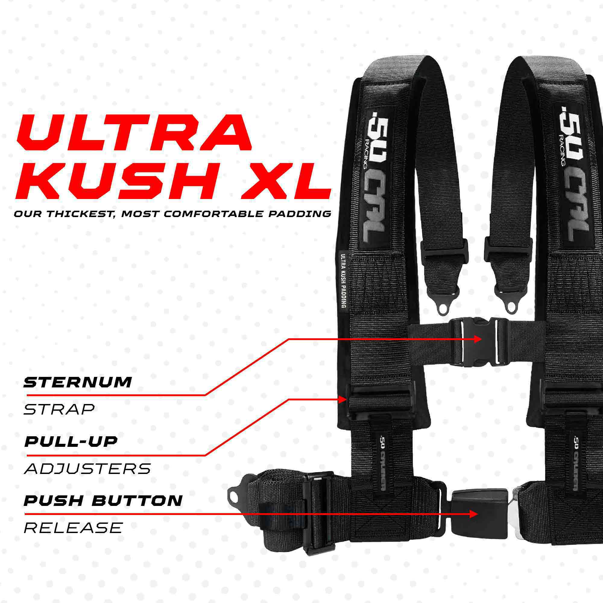 50 Caliber Racing Elite Series 4-Point UTV Harness | Ultra Kush Padding + Push Button Release | 2" & 3", 7 Colors