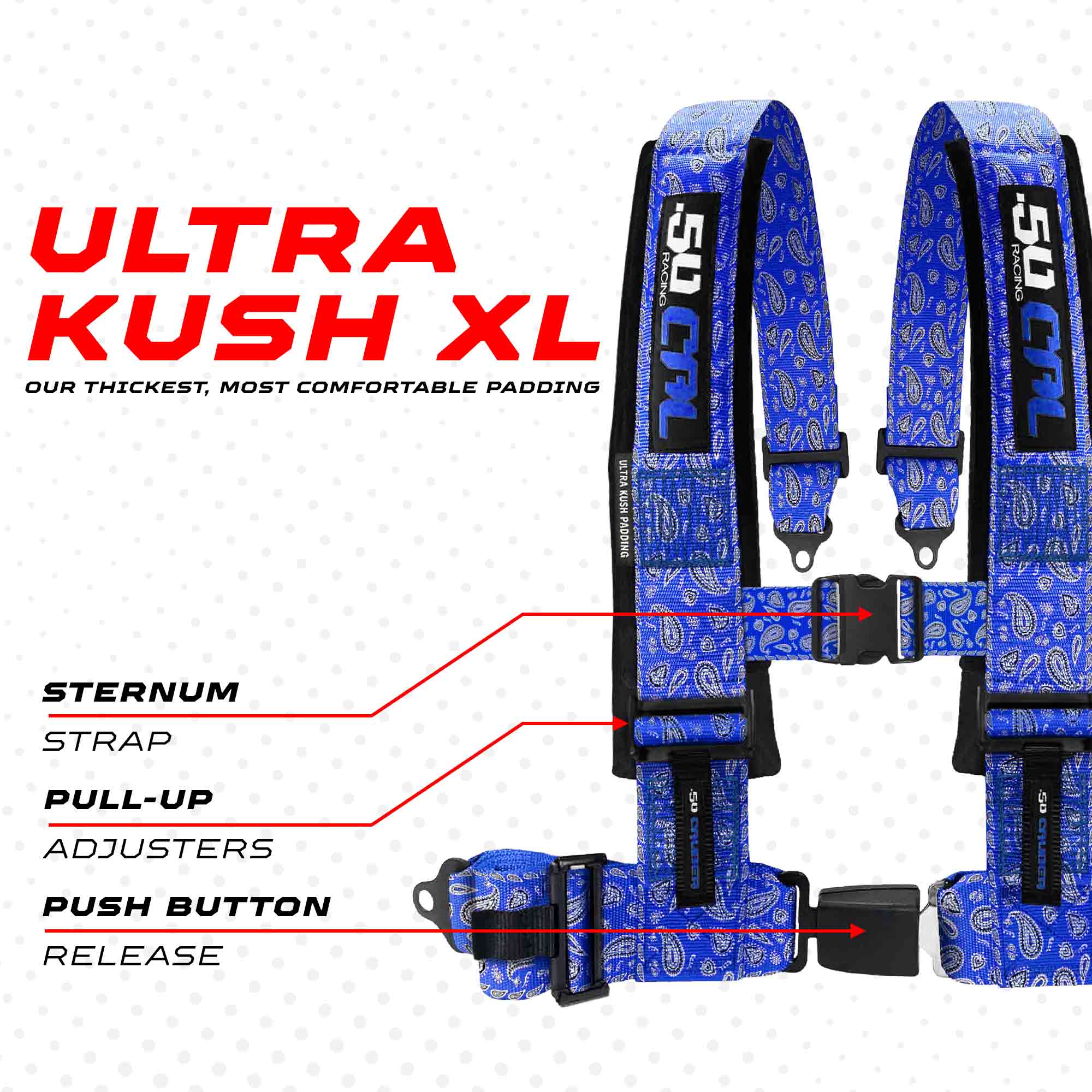 50 Caliber Racing Elite Series 4-Point UTV Harness | Ultra Kush Padding + Push Button Release | 2" & 3", 7 Colors