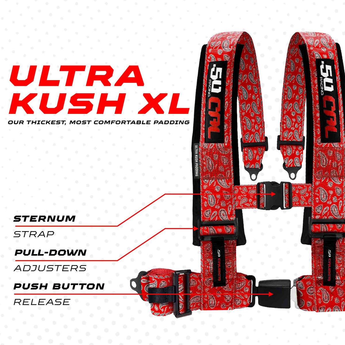 50 Caliber Racing Elite Series 4-Point UTV Harness | Ultra Kush Padding + Push Button Release | 2" & 3", 7 Colors