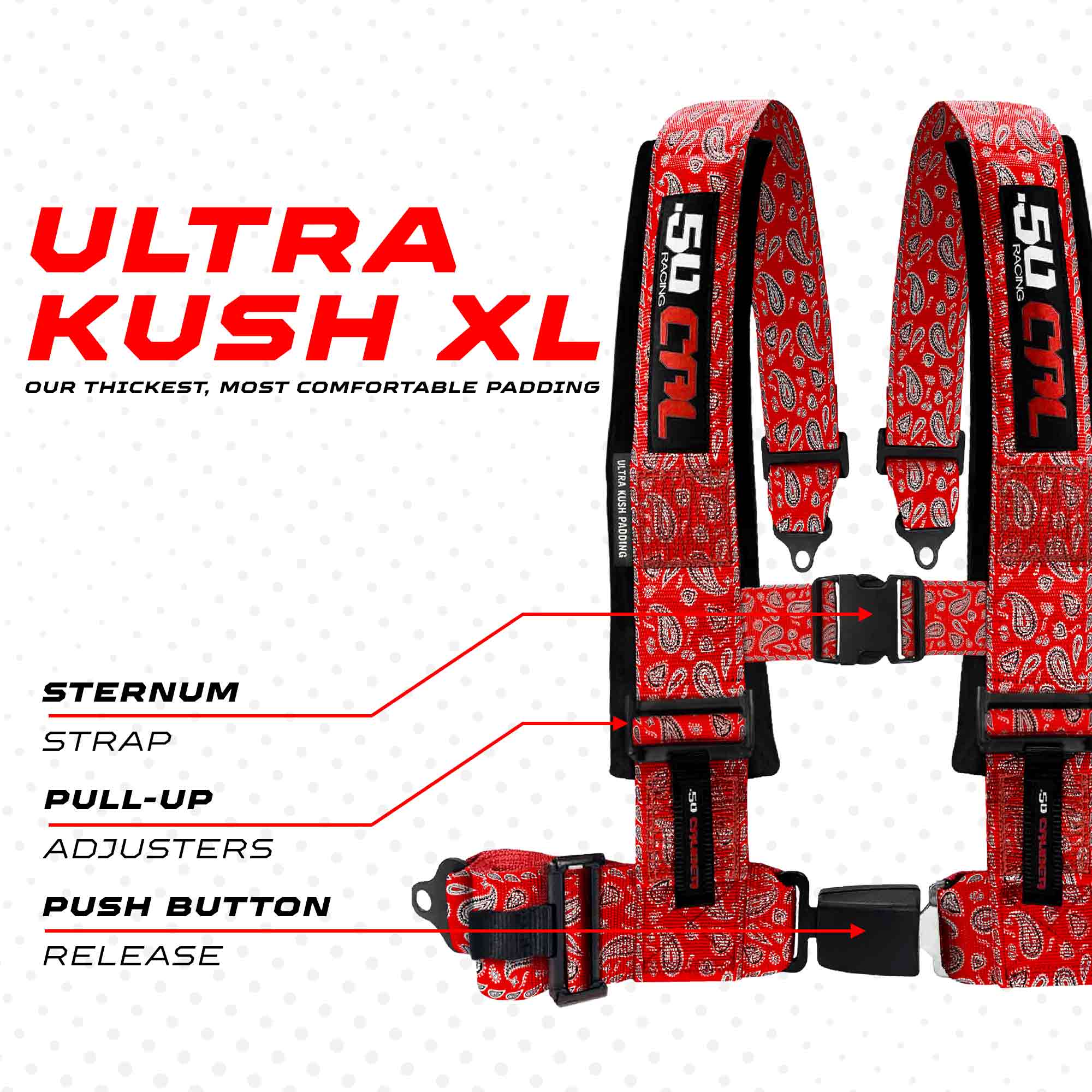 50 Caliber Racing Elite Series 4-Point UTV Harness | Ultra Kush Padding + Push Button Release | 2" & 3", 7 Colors