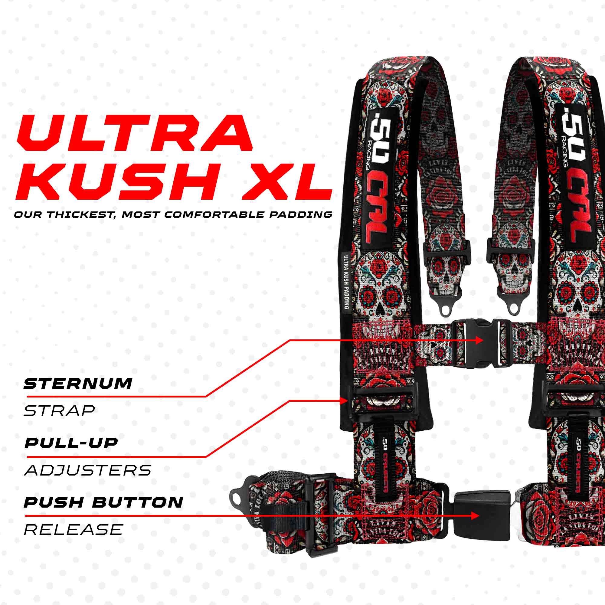 50 Caliber Racing Elite Series 4-Point UTV Harness | Ultra Kush Padding + Push Button Release | 2" & 3", 7 Colors