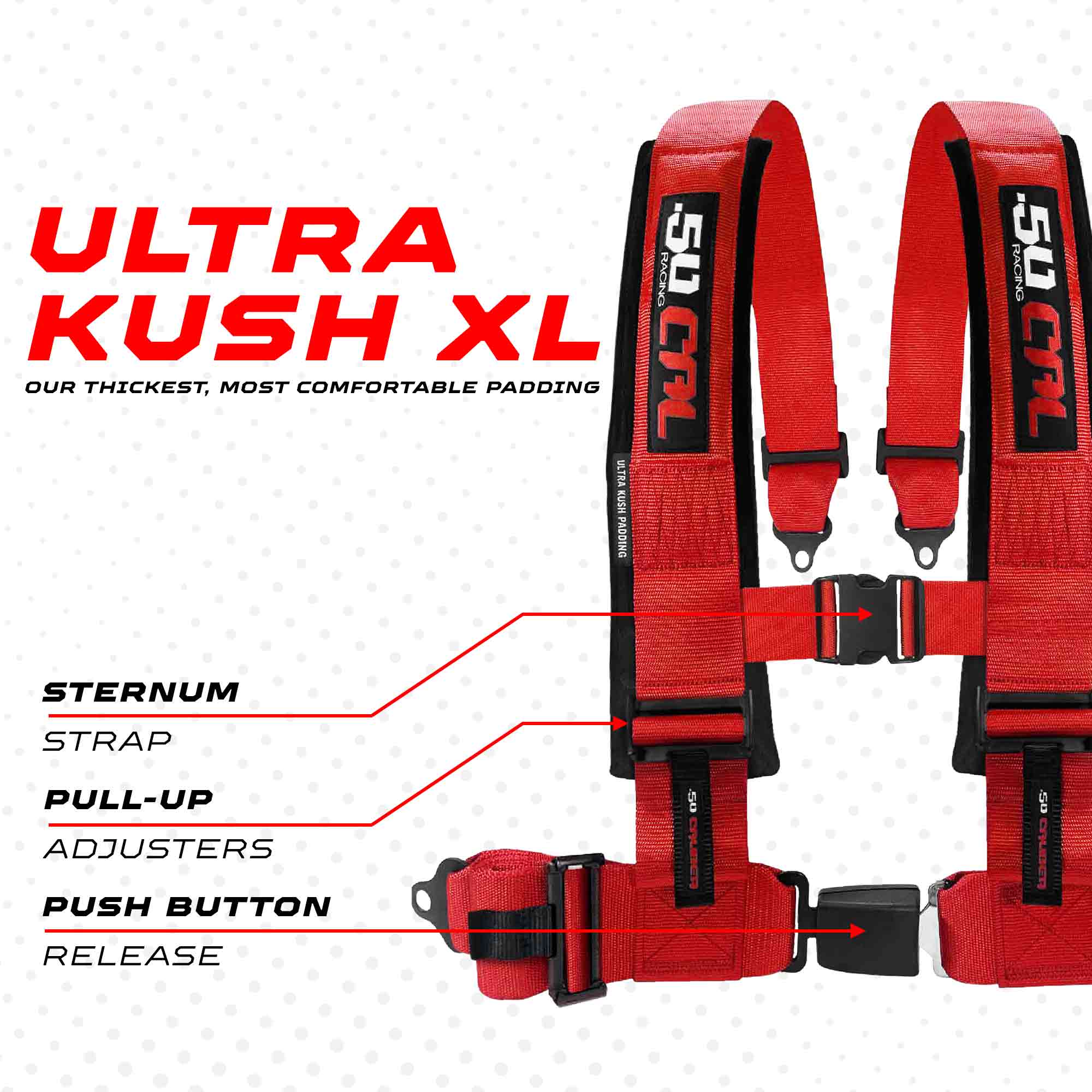 50 Caliber Racing Elite Series 4-Point UTV Harness | Ultra Kush Padding + Push Button Release | 2" & 3", 7 Colors