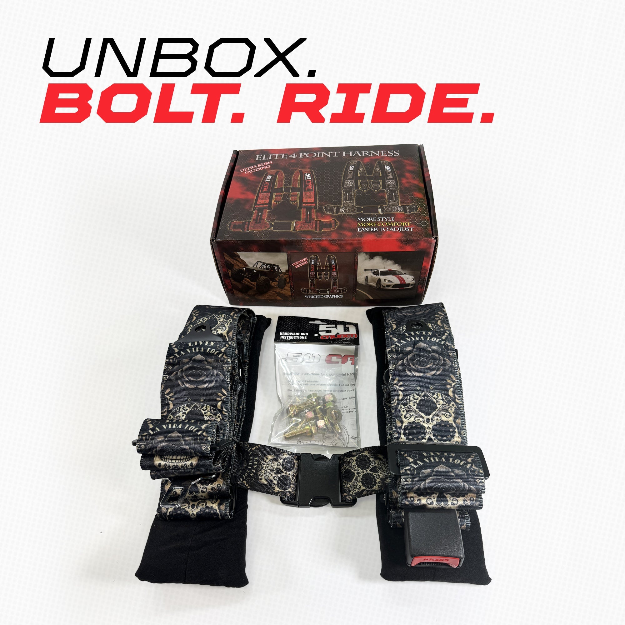 50 Caliber Racing Elite Series 4-Point UTV Harness | Ultra Kush Padding + Push Button Release | 2" & 3", 7 Colors
