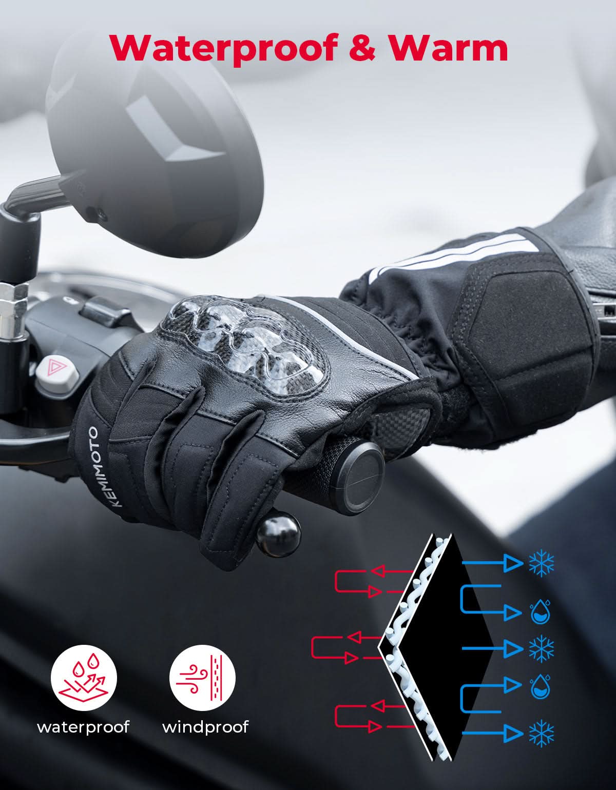 Photo of Motorcycle Winter Gloves Men Warm Touchscreen Carbon Fiber Protection by Kemimoto - Premium for UTVs / Side by Sides