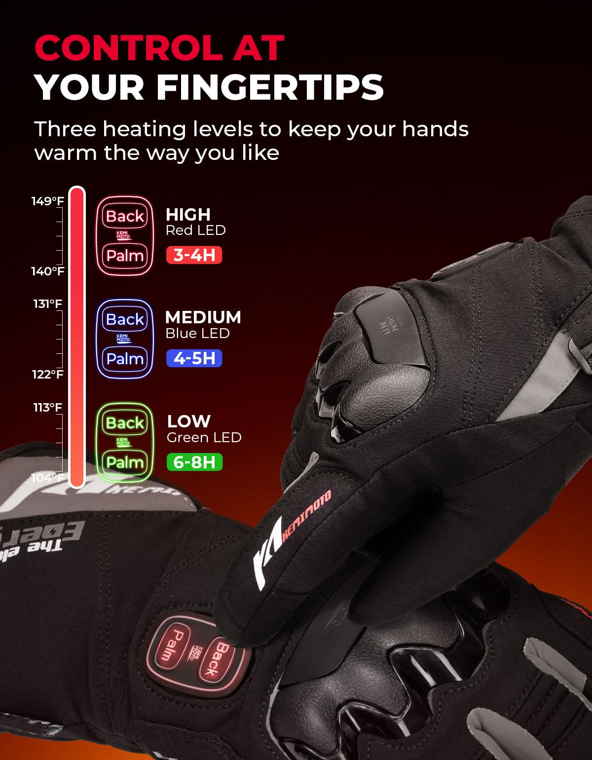 Photo of Heated Motorcycle Gloves 2025 with Protective Shields and Battery by Kemimoto - Premium for UTVs / Side by Sides