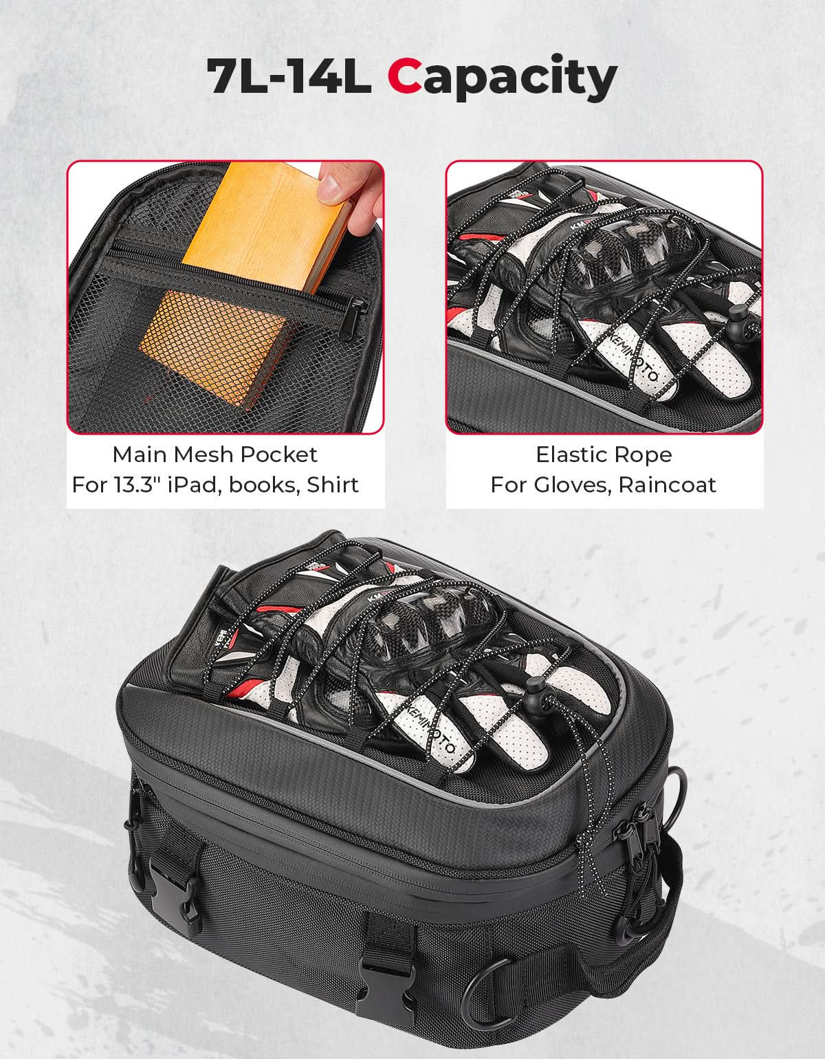 Photo of Motorcycle Tail Bag, 7-14L Expandable Motorbike Helmet Bag by Kemimoto - Premium for UTVs / Side by Sides