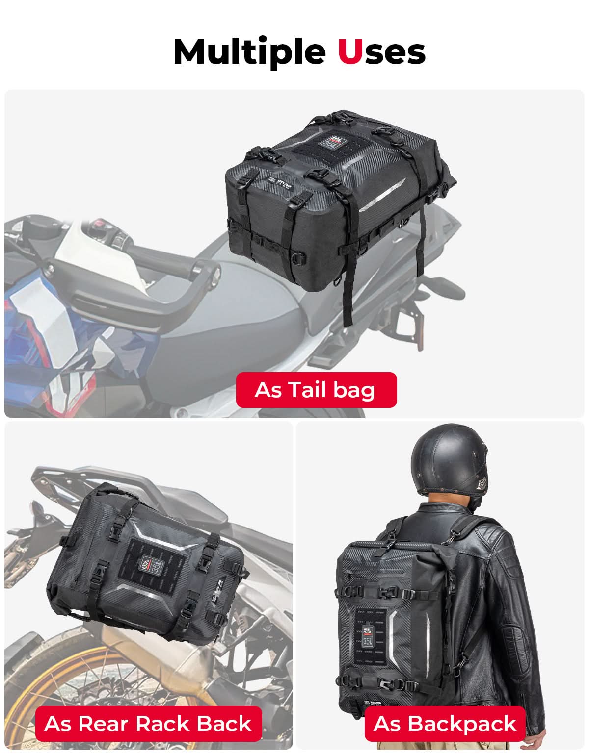 Photo of Motorcycle Tail Bag 35L Totally Waterproof Backpack by Kemimoto - Premium for UTVs / Side by Sides