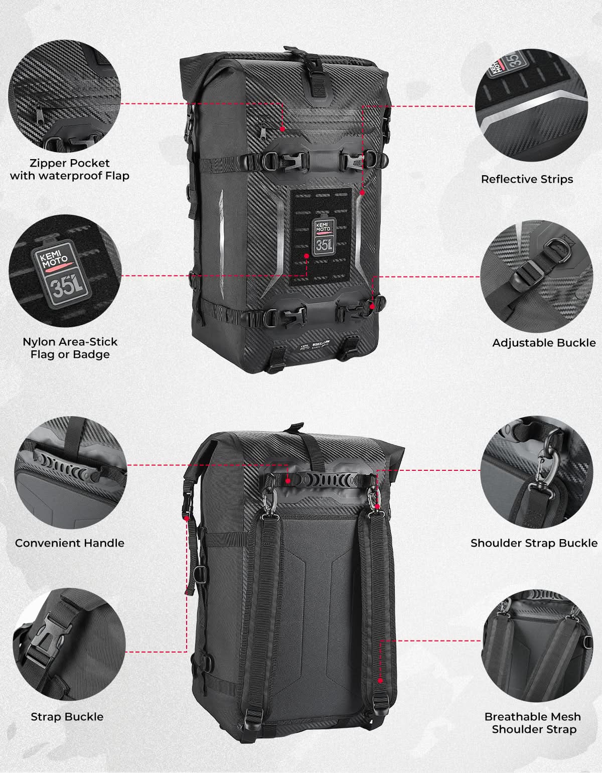 Photo of Motorcycle Tail Bag 35L Totally Waterproof Backpack by Kemimoto - Premium for UTVs / Side by Sides