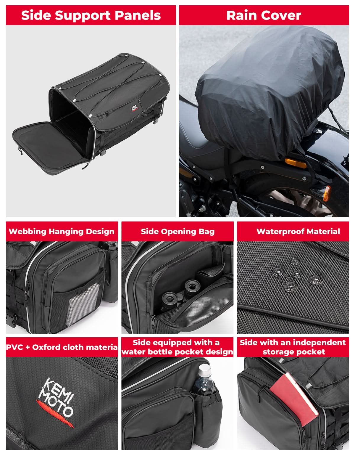 Photo of Motorcycle Tail Bag, 50L Expandable Helmet Bag Luggage Backpack by Kemimoto - Premium for UTVs / Side by Sides