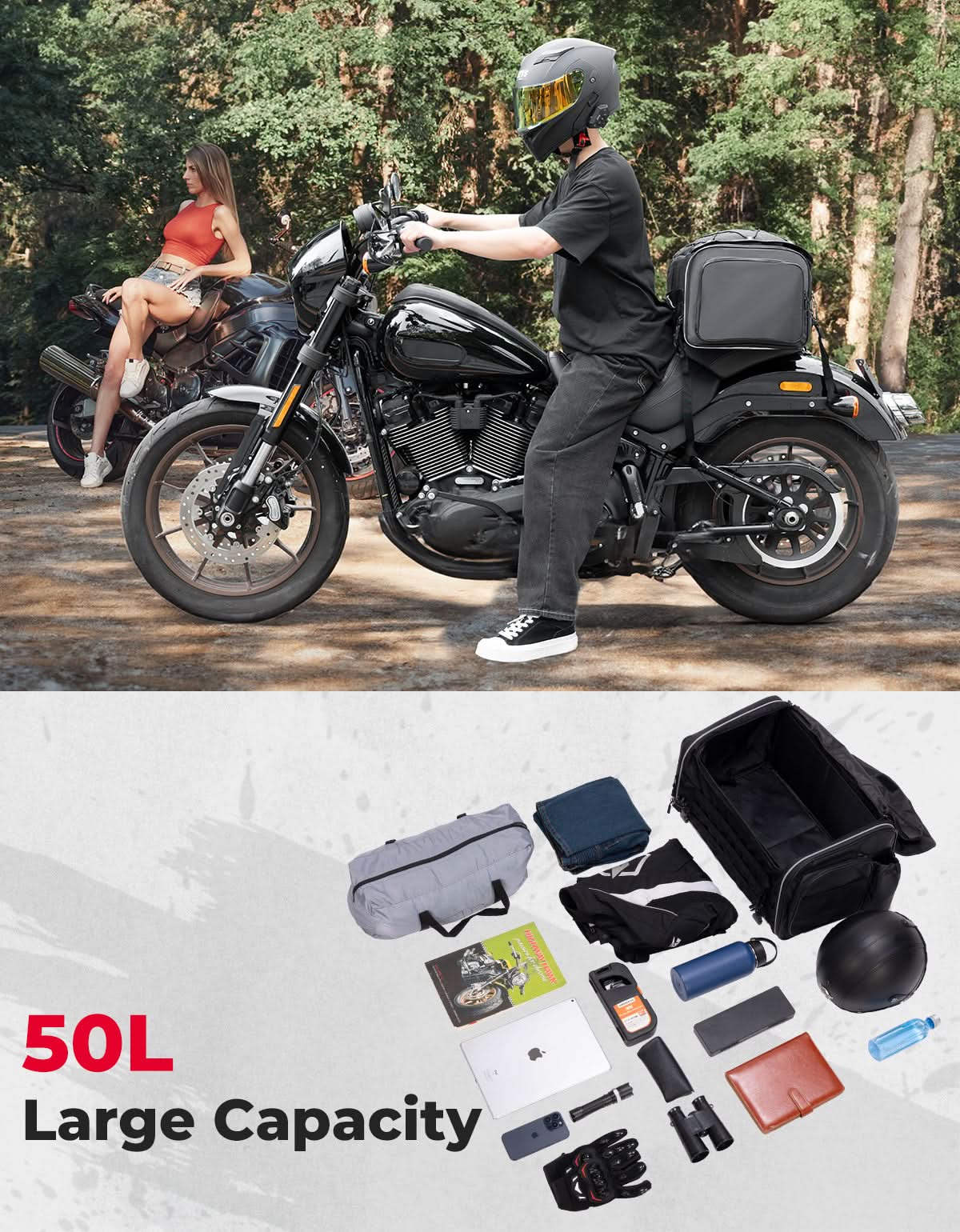 Photo of Motorcycle Tail Bag, 50L Expandable Helmet Bag Luggage Backpack by Kemimoto - Premium for UTVs / Side by Sides