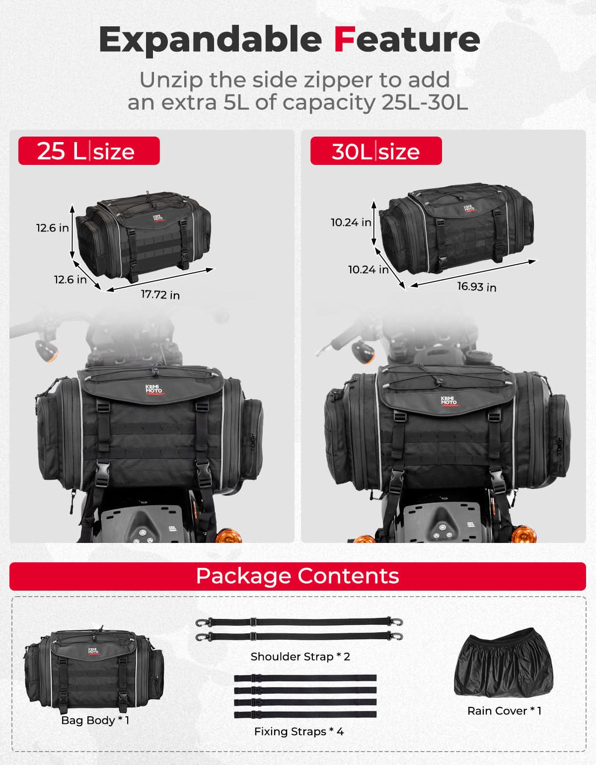 Photo of Motorcycle Travel Luggage Bags, 23L-30L Expandable Tail Bag by Kemimoto - Premium for UTVs / Side by Sides