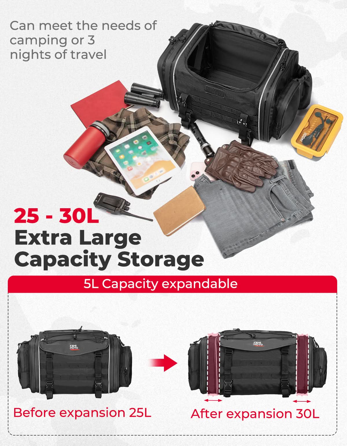 Photo of Motorcycle Travel Luggage Bags, 23L-30L Expandable Tail Bag by Kemimoto - Premium for UTVs / Side by Sides