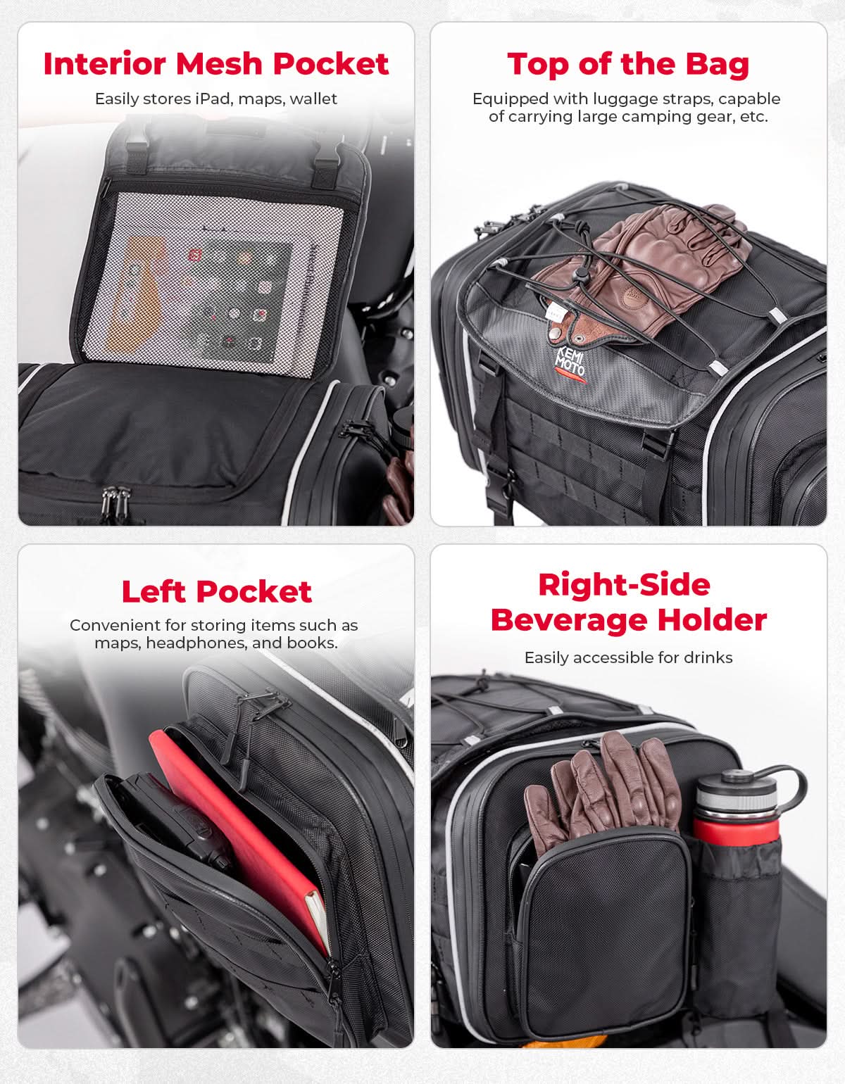 Photo of Motorcycle Travel Luggage Bags, 23L-30L Expandable Tail Bag by Kemimoto - Premium for UTVs / Side by Sides
