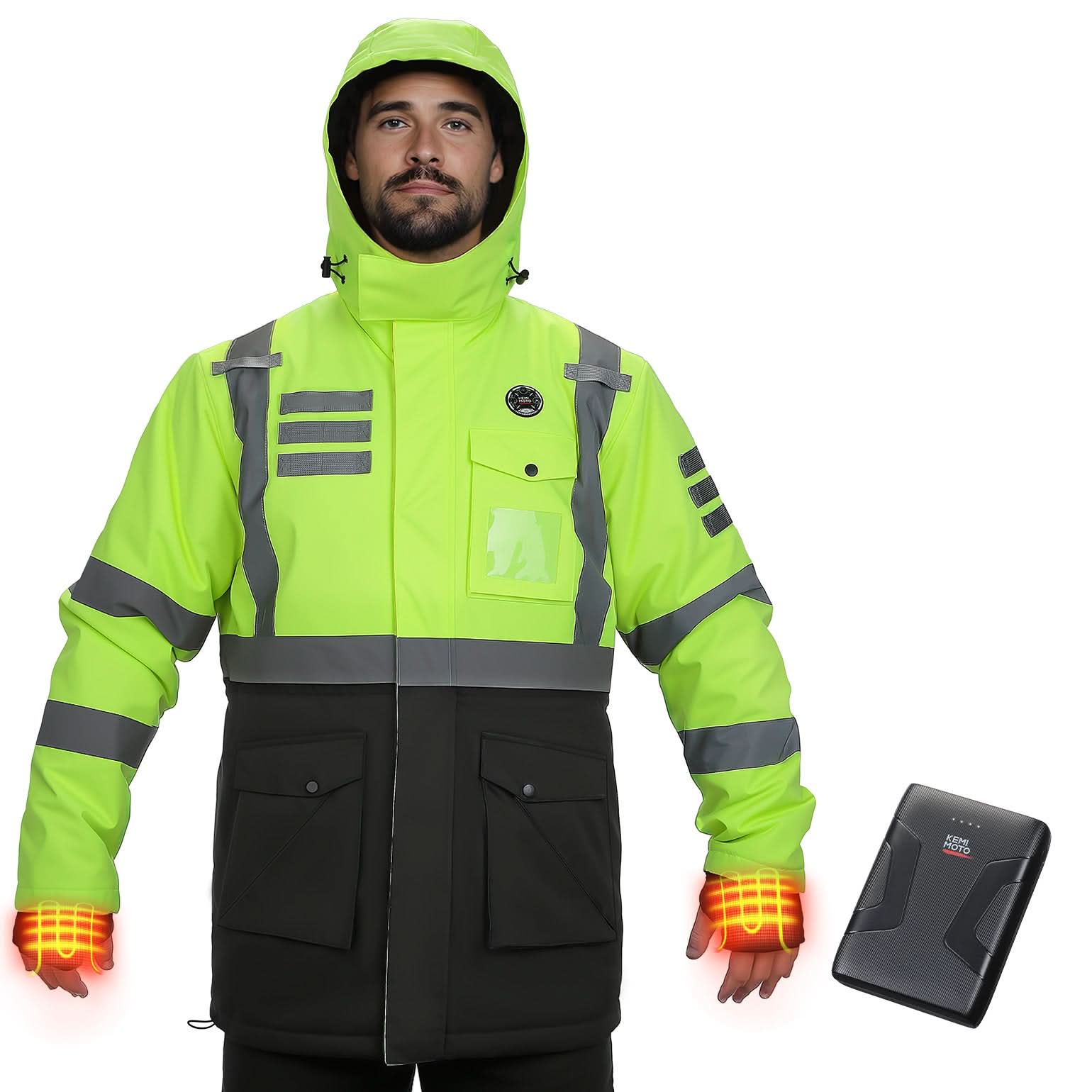Photo of Men’s Heated Safety Jacket with Battery Waterproof High Vis Winter Workwear by Kemimoto - Premium for UTVs / Side by Sides