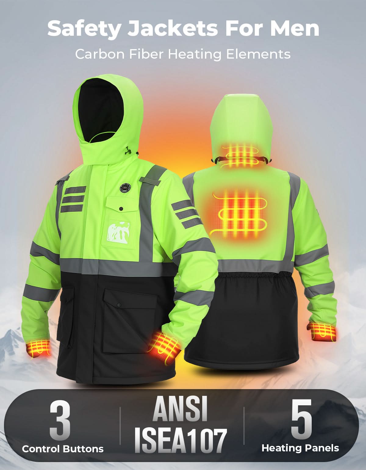 Photo of Men’s Heated Safety Jacket with Battery Waterproof High Vis Winter Workwear by Kemimoto - Premium for UTVs / Side by Sides