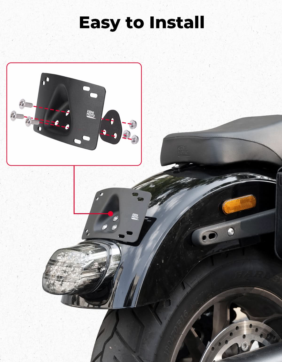 Photo of Motorcycle Curved Laydown License Plate Bracket for 3 Hole Mount by Kemimoto - Premium for UTVs / Side by Sides