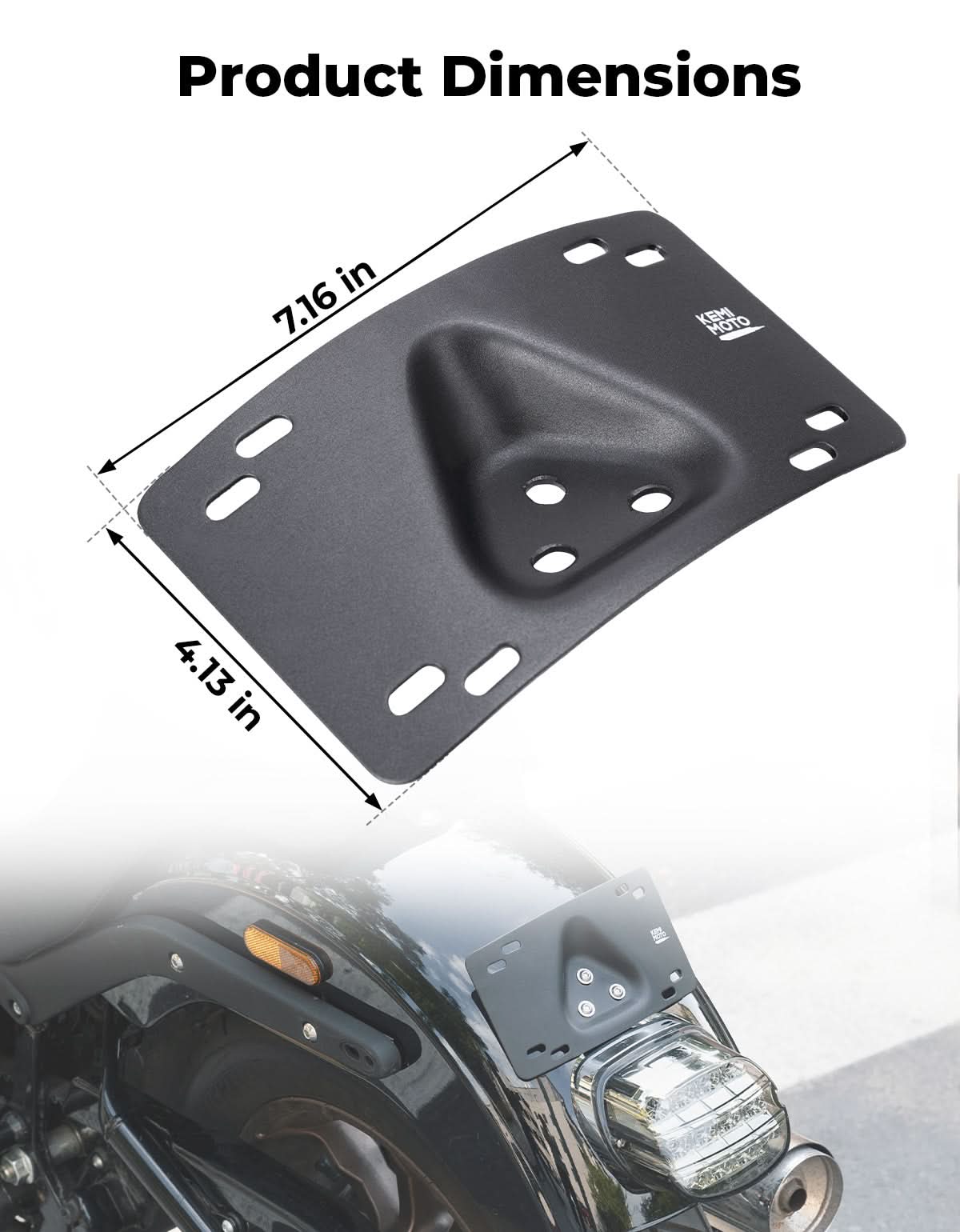 Photo of Motorcycle Curved Laydown License Plate Bracket for 3 Hole Mount by Kemimoto - Premium for UTVs / Side by Sides