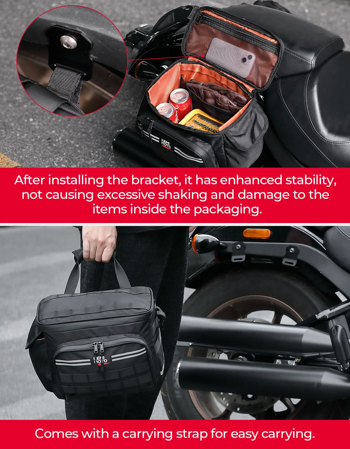 Photo of Motorcycle SaddleBags 15L with Brackets for Softail Dyna Sportster Cruiser by Kemimoto - Premium for UTVs / Side by Sides