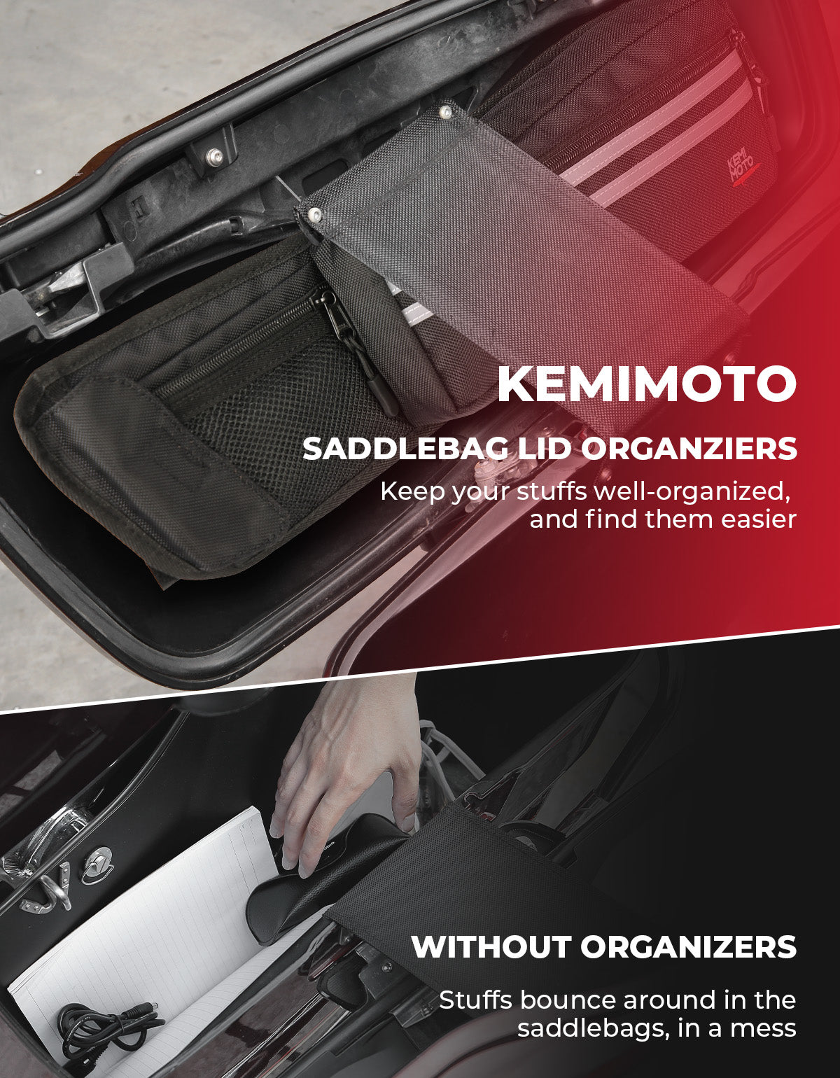 Photo of Upgraded Saddlebag Lid Organizers 2 Pack for Touring Street Glide Road King by Kemimoto - Premium for UTVs / Side by Sides