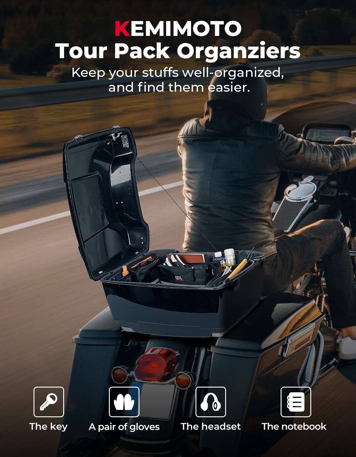 Photo of Upgraded Tour Pack Organizers with Hooks for Touring Street Glide Road King 2014-2025 by Kemimoto - Premium for UTVs / Side by Sides