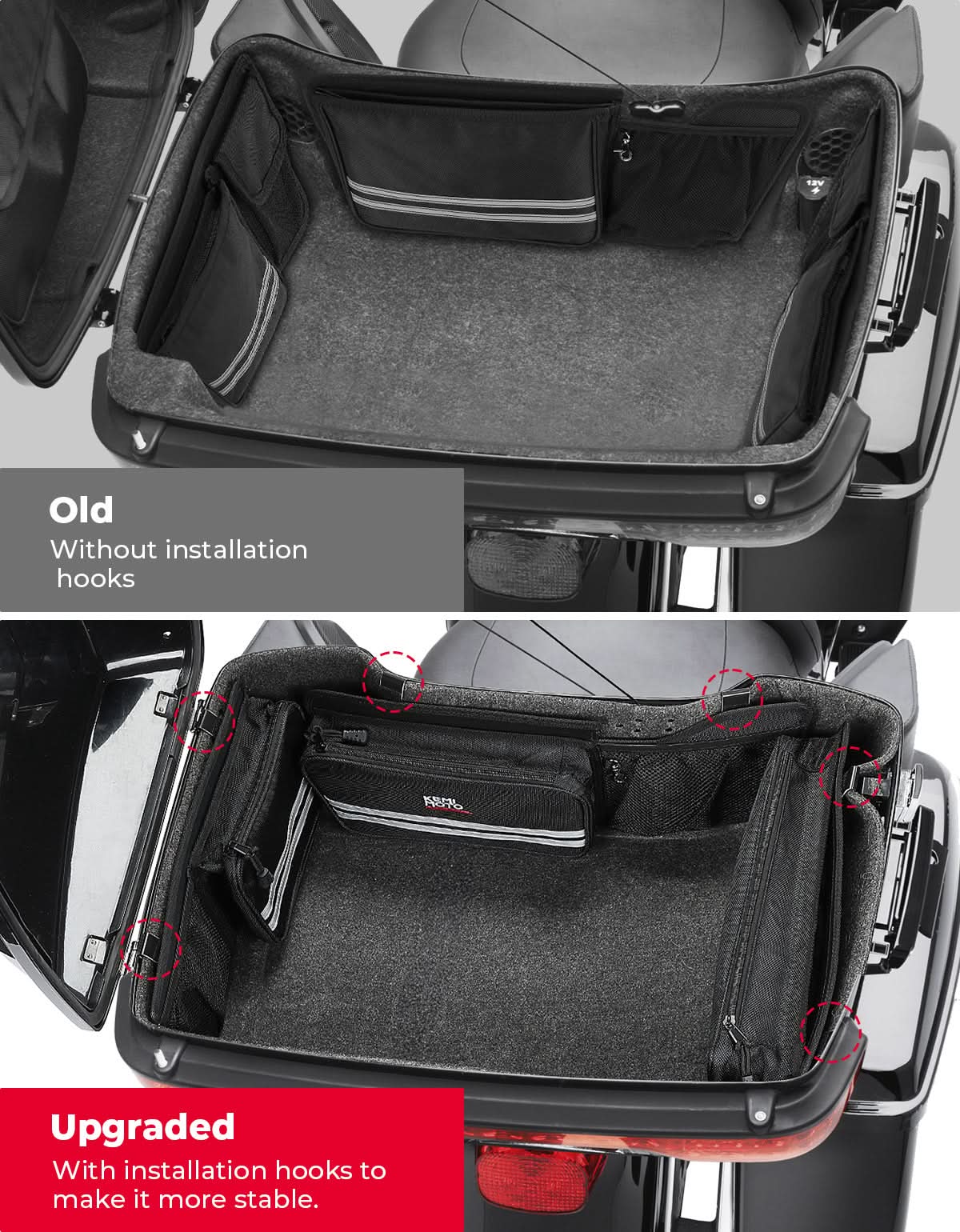 Photo of Upgraded Tour Pack Organizers with Hooks for Touring Street Glide Road King 2014-2025 by Kemimoto - Premium for UTVs / Side by Sides