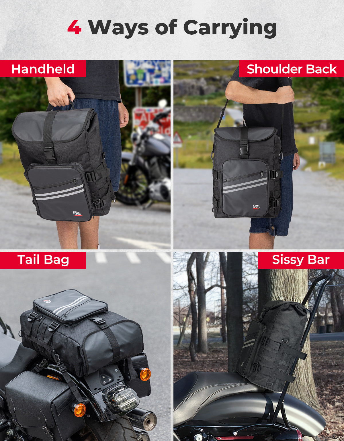 Photo of Motorcycle Sissy Bar Bag 30L Motorcycle Tail Travel Luggage Bag by Kemimoto - Premium for UTVs / Side by Sides