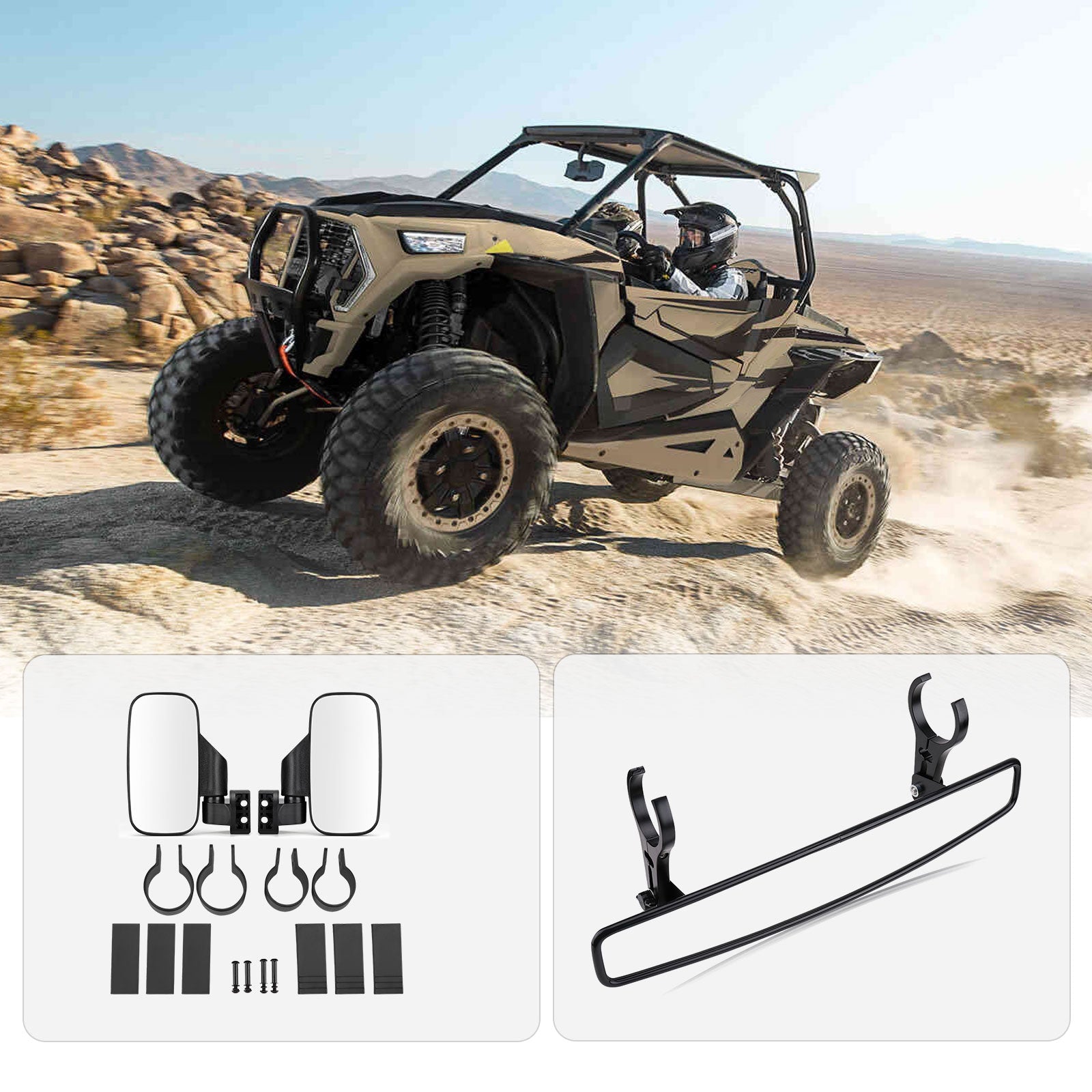 Photo of UTV Side View Mirrors and Center Rearview Mirror with 1.75" or 2" Clamps by Kemimoto - Premium for UTVs / Side by Sides