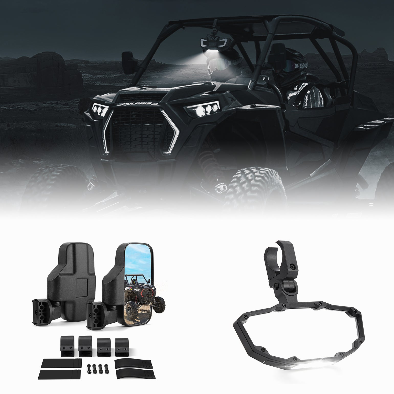 Photo of UTV 1.75" / 2" Side View Mirrors and Center Mirror by Kemimoto - Premium for UTVs / Side by Sides