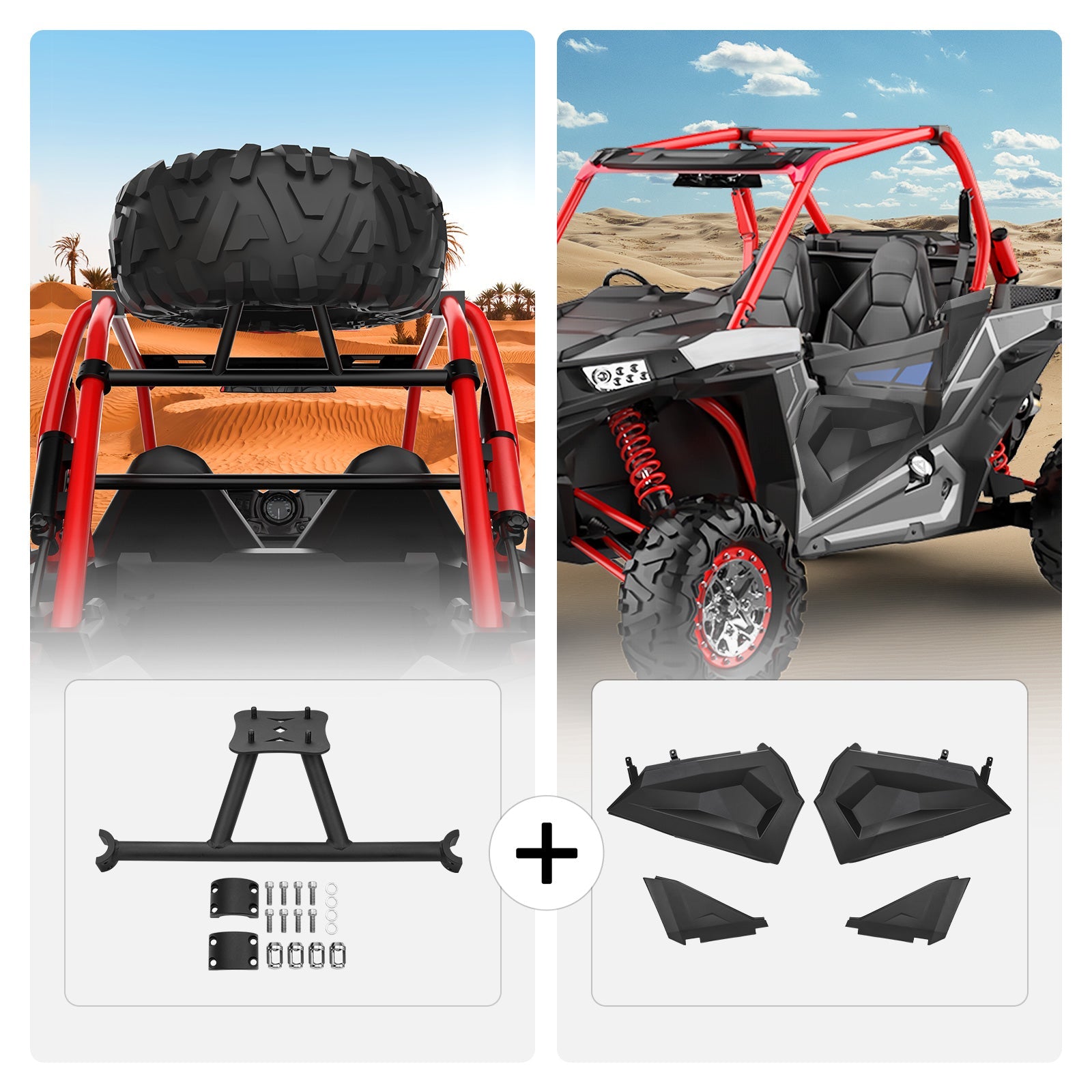 Photo of Spare Tire Carrier Mount & Lower Half Door Inserts Panels for Polaris RZR by Kemimoto - Premium for UTVs / Side by Sides