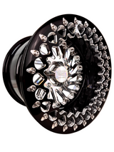 Angled view of a Packard Cyclone silver beadlock UTV wheel with a black barrel.
