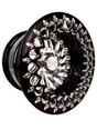 Angled view of a Packard Cyclone silver beadlock UTV wheel with a black barrel.