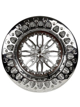Front view of a Packard Icon silver beadlock UTV wheel with a polished barrel.