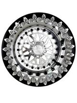 Front view of a Packard Apollo silver beadlock UTV wheel with a polished barrel.