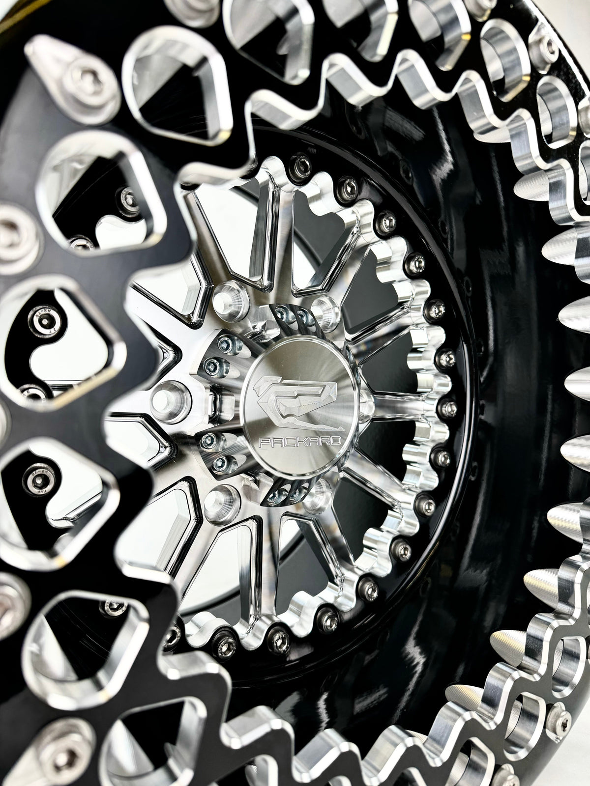 Packard Element Silver beadlock wheel, machined center close-up