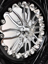 Close-up of a Packard Icon silver non-beadlock UTV wheel with a black barrel.