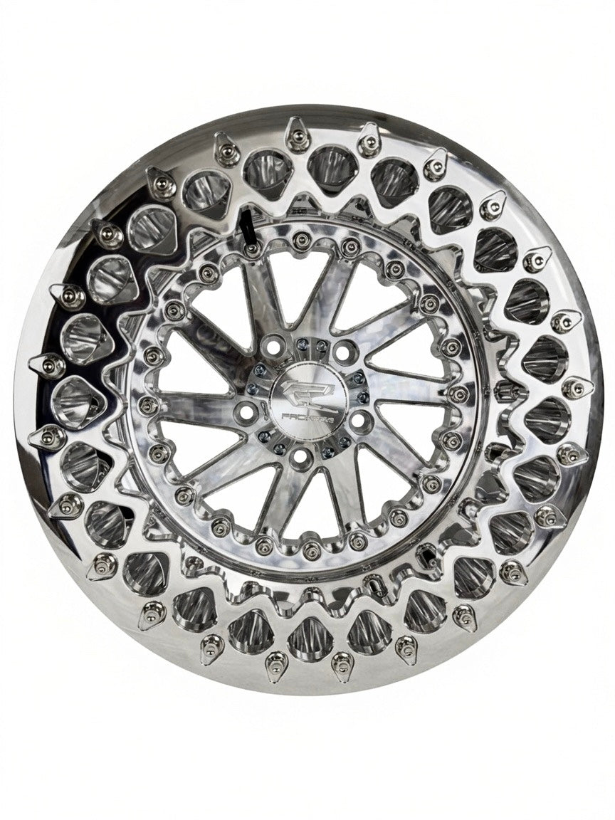 Front view of a Packard Cyclone silver beadlock UTV wheel with a polished barrel.