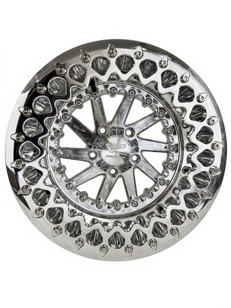 Angled view of a Packard Cyclone silver beadlock UTV wheel with a polished barrel.