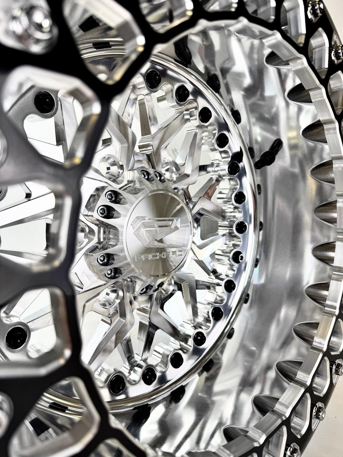 Packard Impact Polished Silver beadlock wheel, machined center close-up