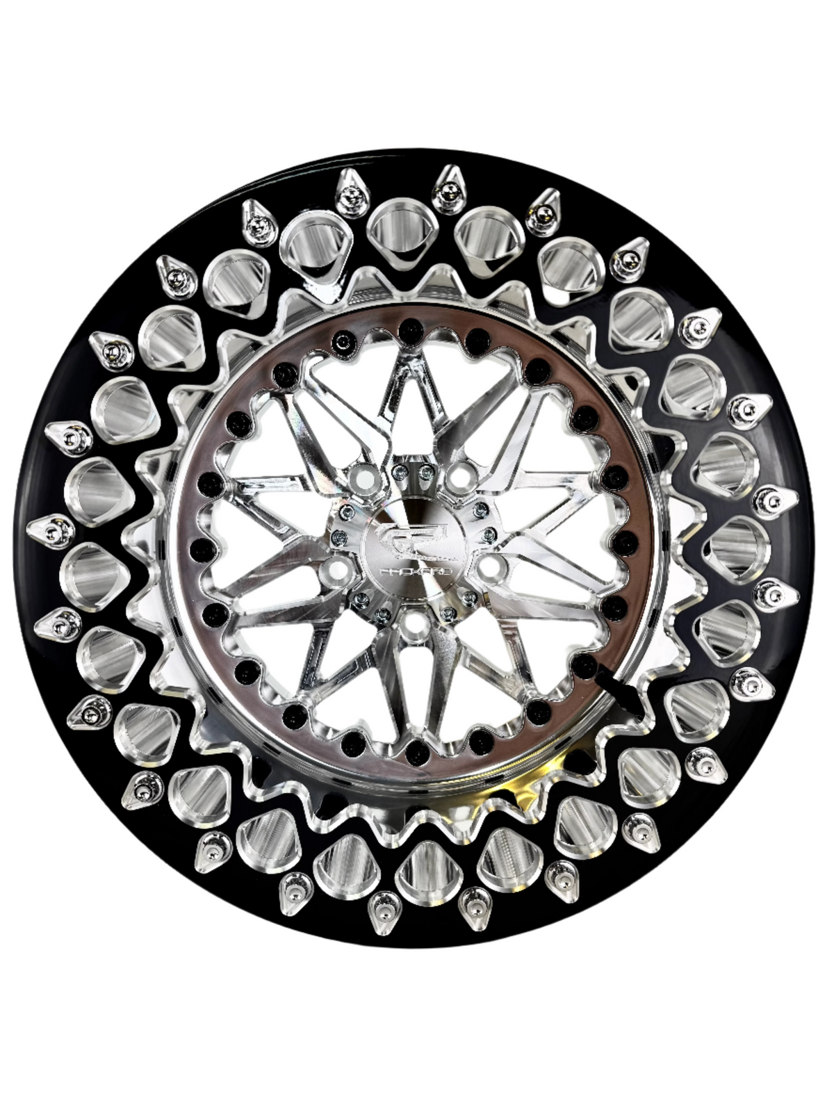 Front view of a Packard Impact silver beadlock UTV wheel with a polished barrel.
