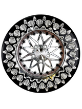 Front view of a Packard Impact silver beadlock UTV wheel with a polished barrel.