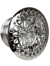 Angled view of a Packard Icon silver beadlock UTV wheel with a polished barrel.