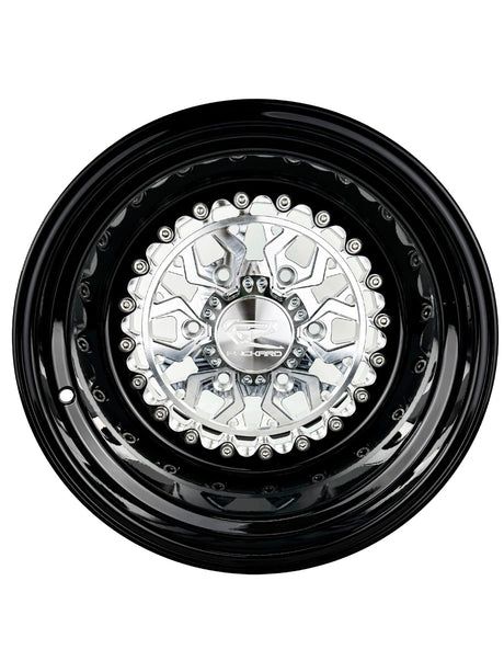 Angled view of a Packard Apollo silver non-beadlock UTV wheel with a black barrel.