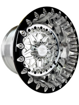 Angled view of a Packard Apollo silver beadlock UTV wheel with a polished barrel.