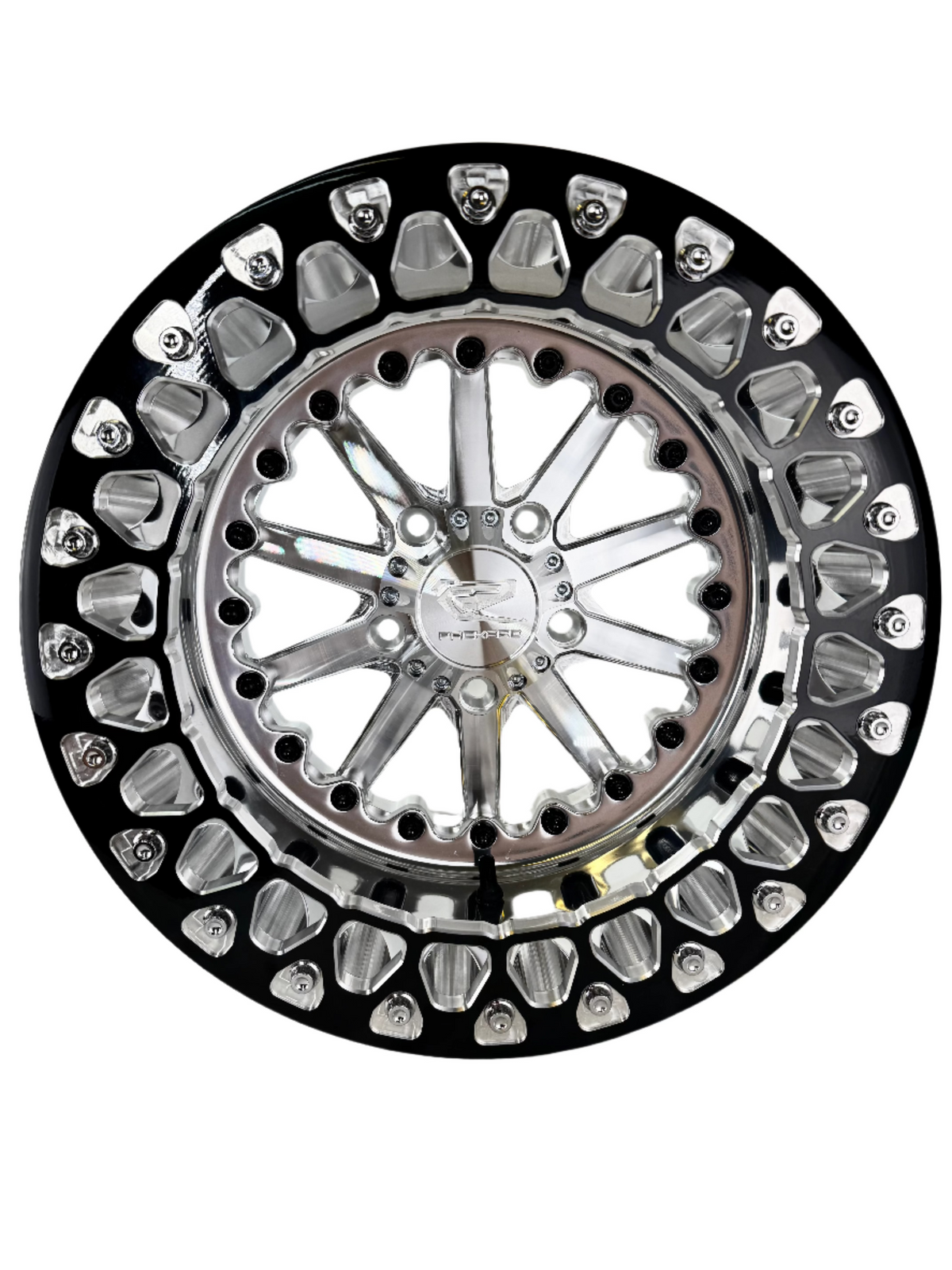 Front view of a Packard Element silver beadlock UTV wheel with a polished barrel.