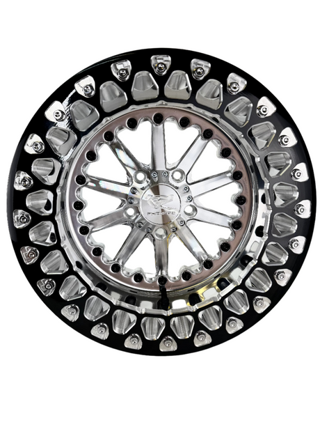 Angled view of a Packard Element silver beadlock UTV wheel with a polished barrel.