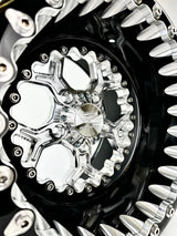 Close-up of a Packard Pro 5 silver beadlock UTV wheel with a black barrel.