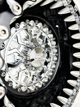 Packard Apollo Silver beadlock wheel, machined center close-up