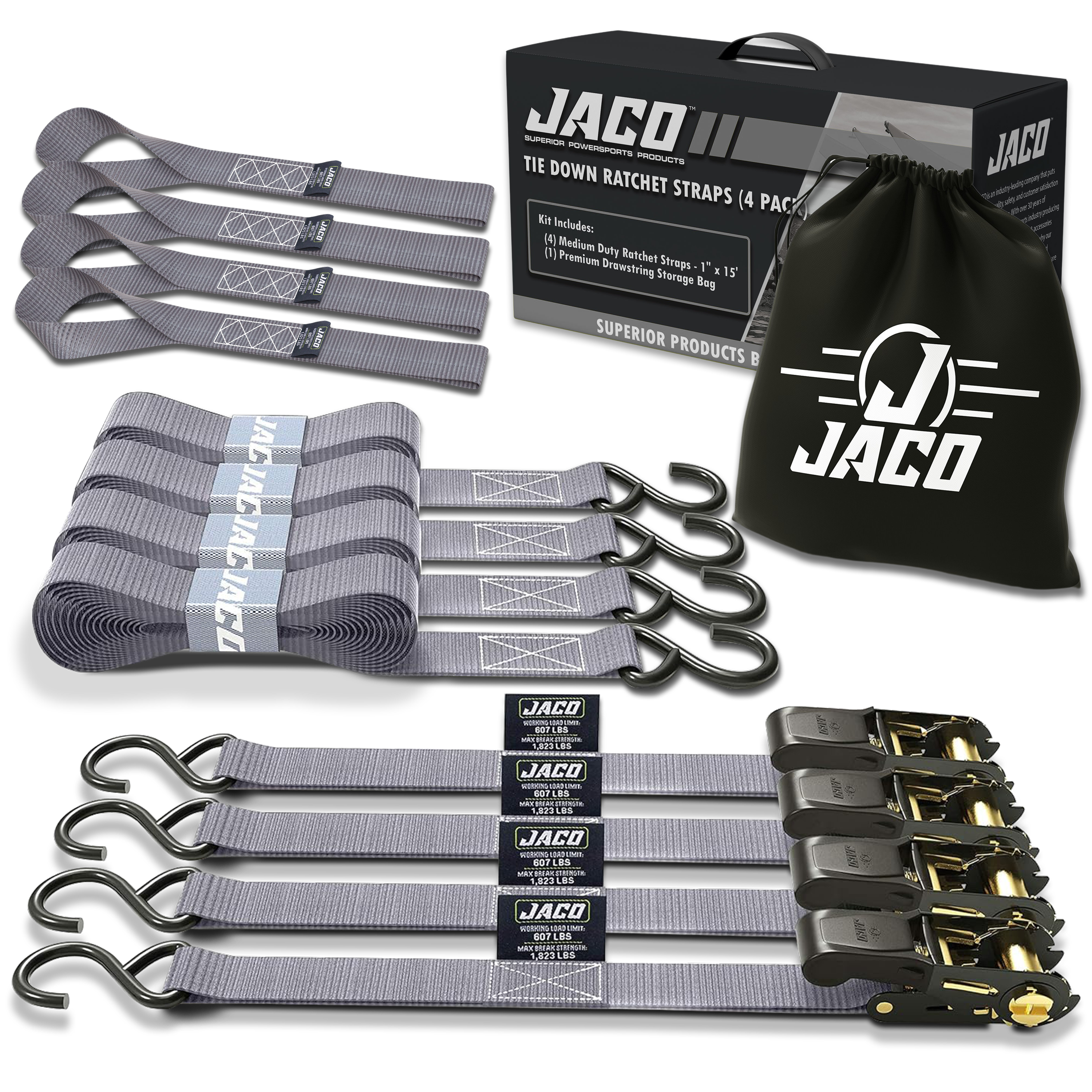 Photo of Tie Down Ratchet Straps (4 Pack) - 1 in x 15 ft | AAR Certified Break Strength (1,823 lbs) | Cargo Tie Down Set by JACO - Premium Tie Downs for UTVs / Side by Sides