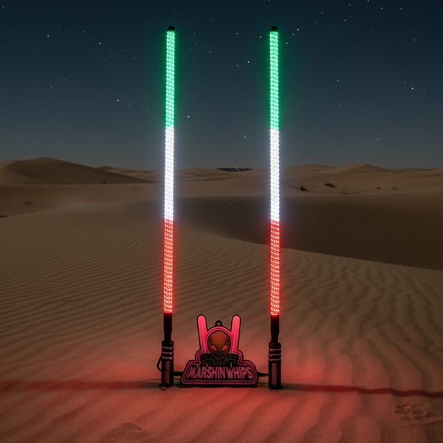 Photo of Game Changer LED Whip Set - Green, White & Red by Marshin Whips - Premium for UTVs / Side by Sides