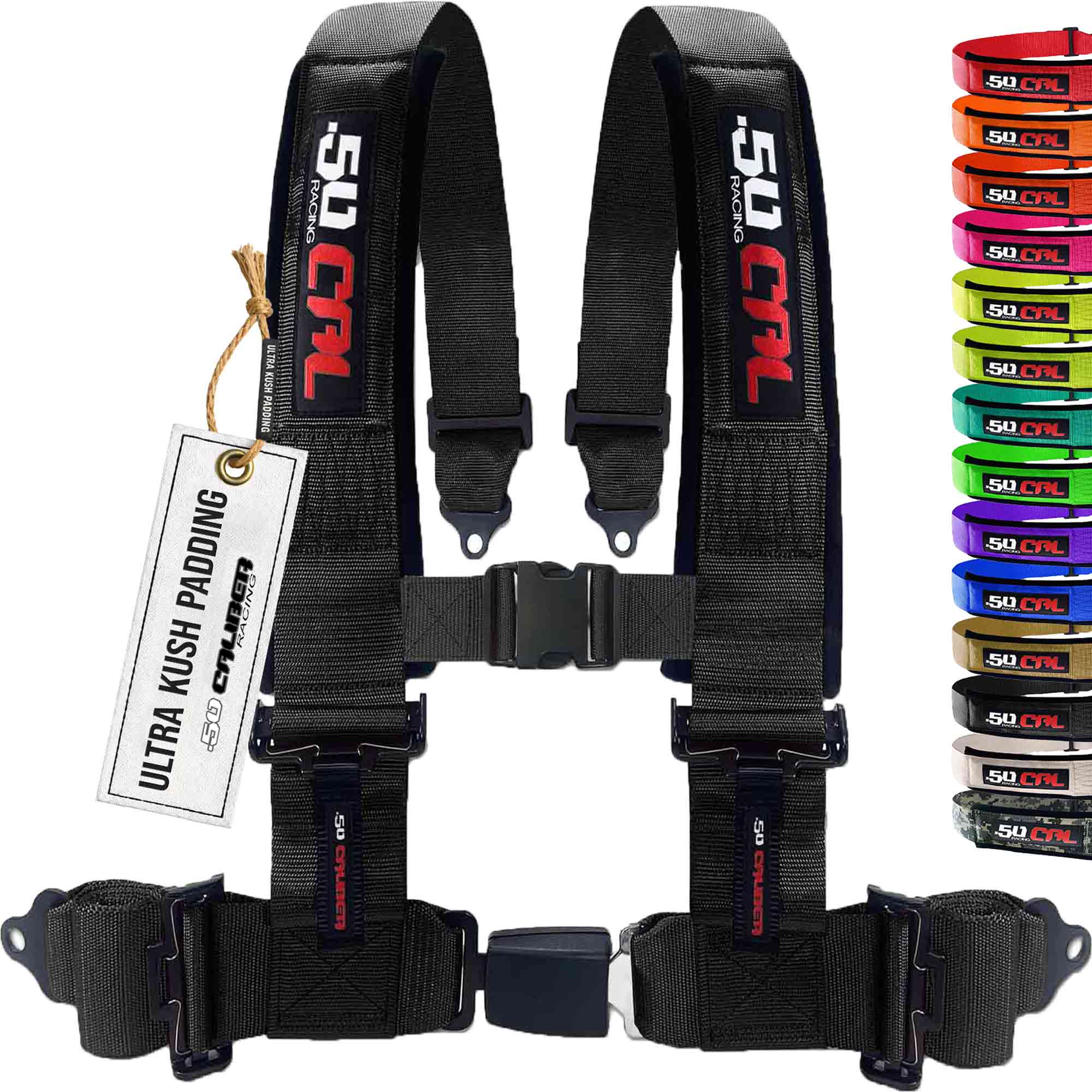50 Caliber Racing 4-Point UTV Harness | Push Button Release + Sewn-In Pads + Black Hardware | 2" & 3", 10 Colors